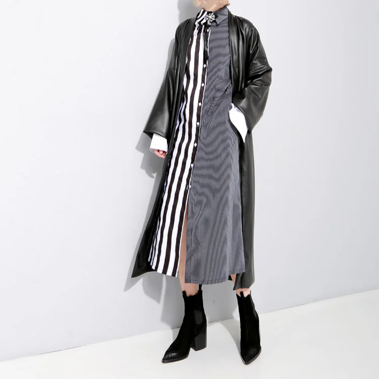 Femmes Fait Américain Style En Lâche Couverture Ceinture Taille Et Européen Pour Noir Souple Cuir Manteau 1xOtwr1Aq