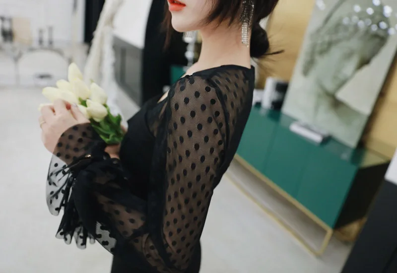 Весеннее облегающее Сетчатое лоскутное платье русалки, женское черное платье с длинным рукавом и квадратным воротником, офисное женское элегантное сексуальное платье для вечеринки