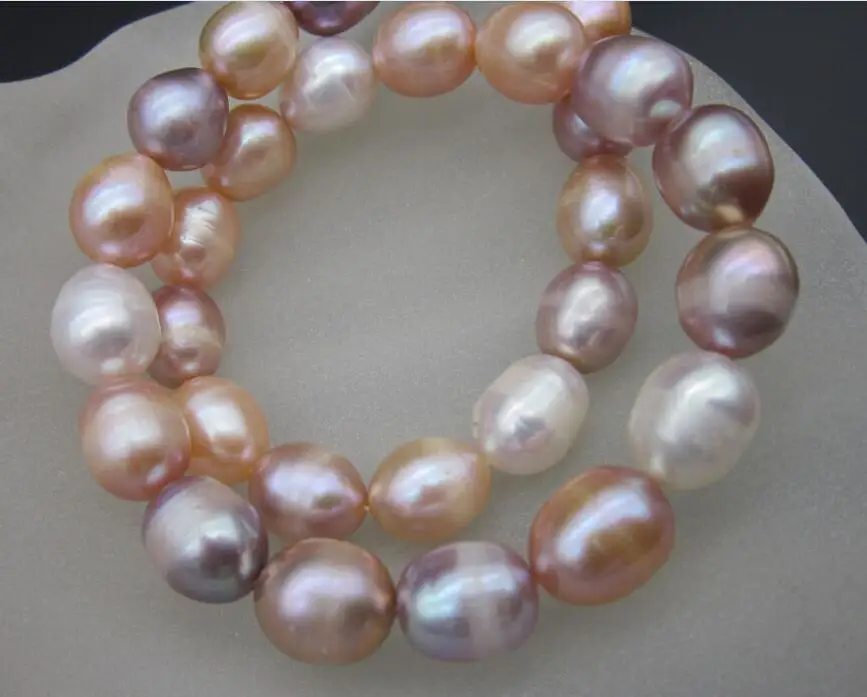 

18" 11-14MM NATURAL SOUTH SEA PINK WHITE PURPLE PEARL NECKLACE 925silver YELLOW Gold