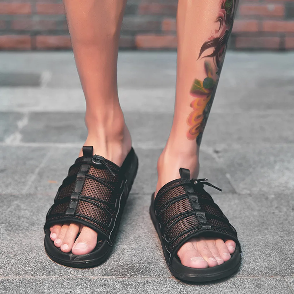 

Summer Mens Slippers Bandages Flats One-Word Drag Beach Shoes Non-Slip Breathable Sport Slippers Non-slip Outdoor men sandals