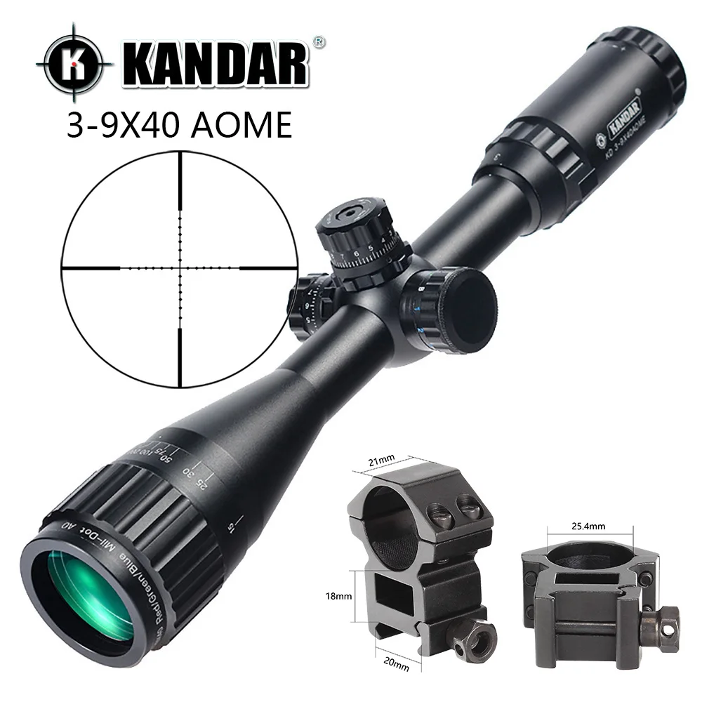 KANDAR 3-9x40 AOE Mil-dot Сетка RifleScope блокировка, сброс полный размер Охотничья винтовка прицел тактический оптический прицел - Цвет: with Picatinny Rings