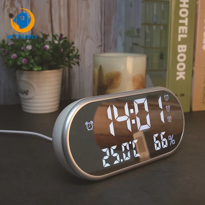 

Temperature and humidity display Reveil Watch USB Electronic Table Clocks LED Digital Alarm Clock With Oval Mirror Desk Clock
