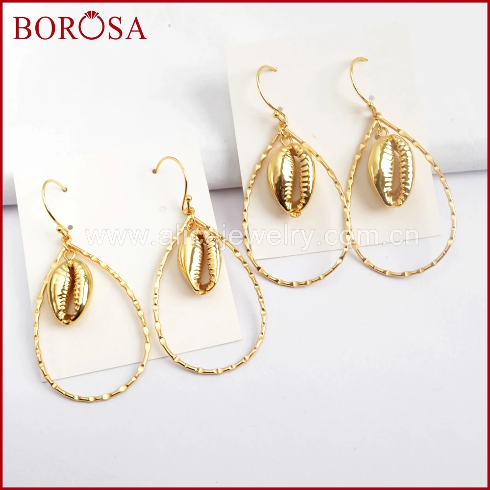 

BOROSA 5Pairs New Full Gold Color Natural Cowrie Shell Teardrop Dangle Earring Gems Natural Shell Charm Earrings Jewelry G1584