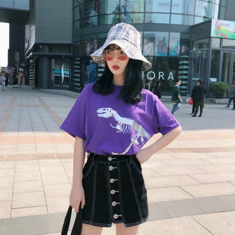 KYMAKUTU Harajuku Hipster Summer Dinosaur Printed Women's T Shirts Short Sleeve O Neck Loose Female Tee Shirt Poleras Mujer Tops Tops