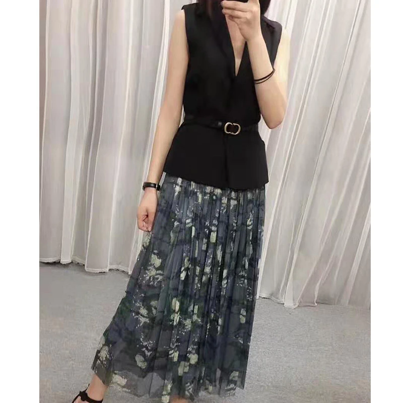 

Cosmicchic Elegant Women Skirt Two Piece Set Black Vest Floral Print Mesh Pleated Skirt Design Office Female 2 Piece Suit