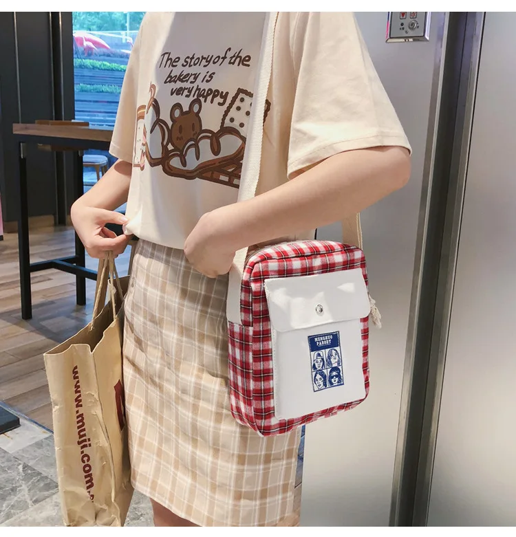 Harajuku ретро плед мультфильм печати лоскут дамы холст сумка Новая Женская Студенческая сумка Bolsa Feminina