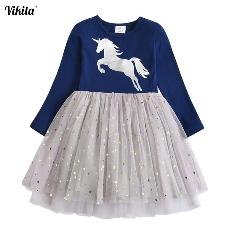 Нарядное платье-пачка для девочки VIKITA, детское повседневное платье с единорогом, украшенное блестками, на осень/зиму