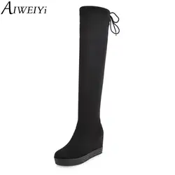 AIWEIYi/Женская обувь на танкетке, Черные Сапоги выше колена на высоком каблуке, теплые зимние сапоги на меху, узкие сапоги до бедра, женская