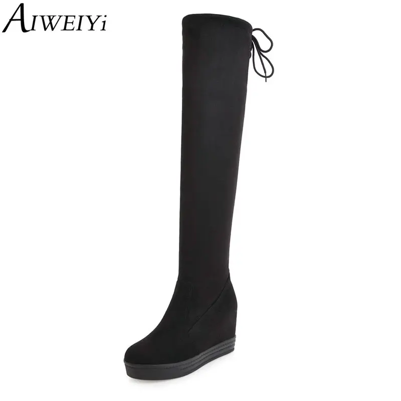 

AIWEIYi Wedges Shoes Woman Black High Heels Over the Knee Boots Fur Warm Snow Boots Slim Thigh High Boots Botas Shoes Woman