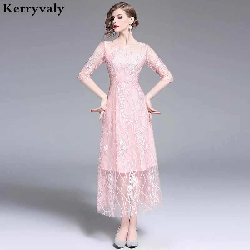 

New Banquet Noble Gauze Embroidery Long Summer Dress Robe Femme Ete 2019 Women Pink Maxi Party Runway Beach Dress Vestidos K6382
