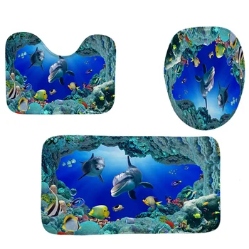

4Pcs Home Bathroom Decor Set Cartoon Dolphin Pattern Toilet Seat Cover Bath Mat Set+Waterproof Shower Curtain