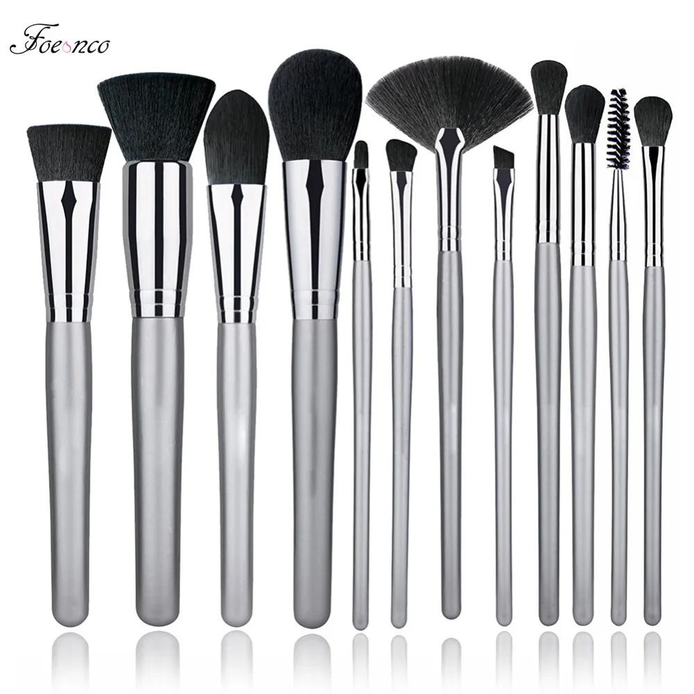 12 PCS Makeup Brushes Set Premium Synthetic Silver Foundation Blending ...