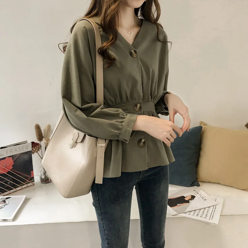 

Women New Style Korean-Style Elegant Waist Thin V-neck Shirt Female Long Sleeve Top