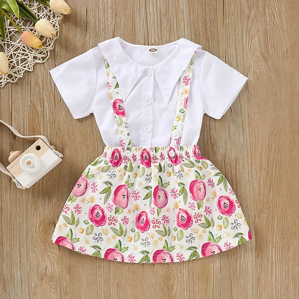 

Children Kids Girls Short Sleeve Mandarin Collar Solid T-Shirts Tops+Flower Print Suspender Skirt Set Summer Outfits set clothes