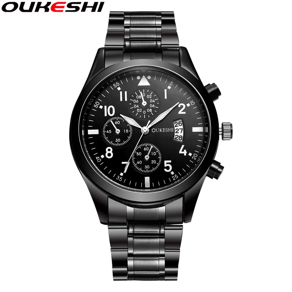 Новый oukeshi модный бренд Календари Бизнес Для мужчин высокого качества Часы Повседневное Нержавеющая сталь Кварцевые наручные часы Прямая
