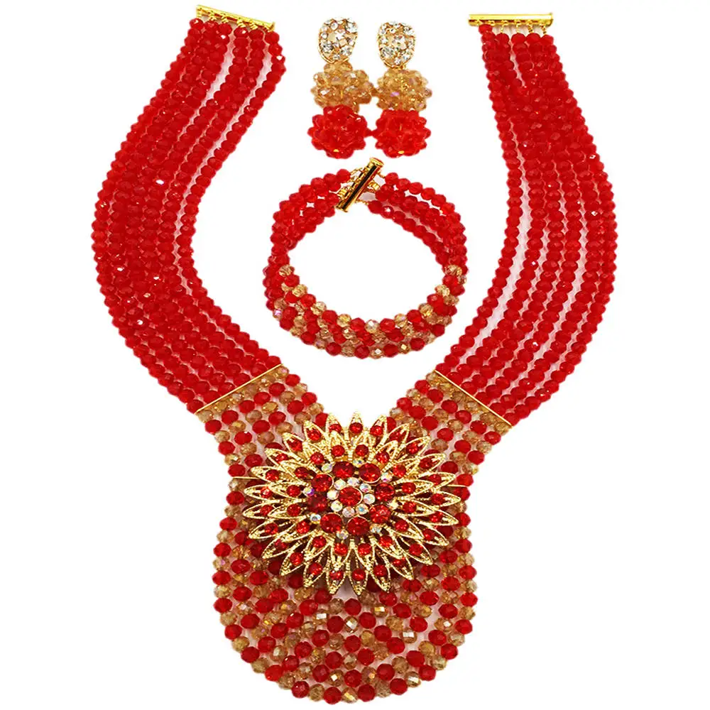 

Fashion Red Champagne Gold AB Crystal Beads African Necklace Jewelry Set Nigerian Wedding Party Jewelry Sets 6WDK07