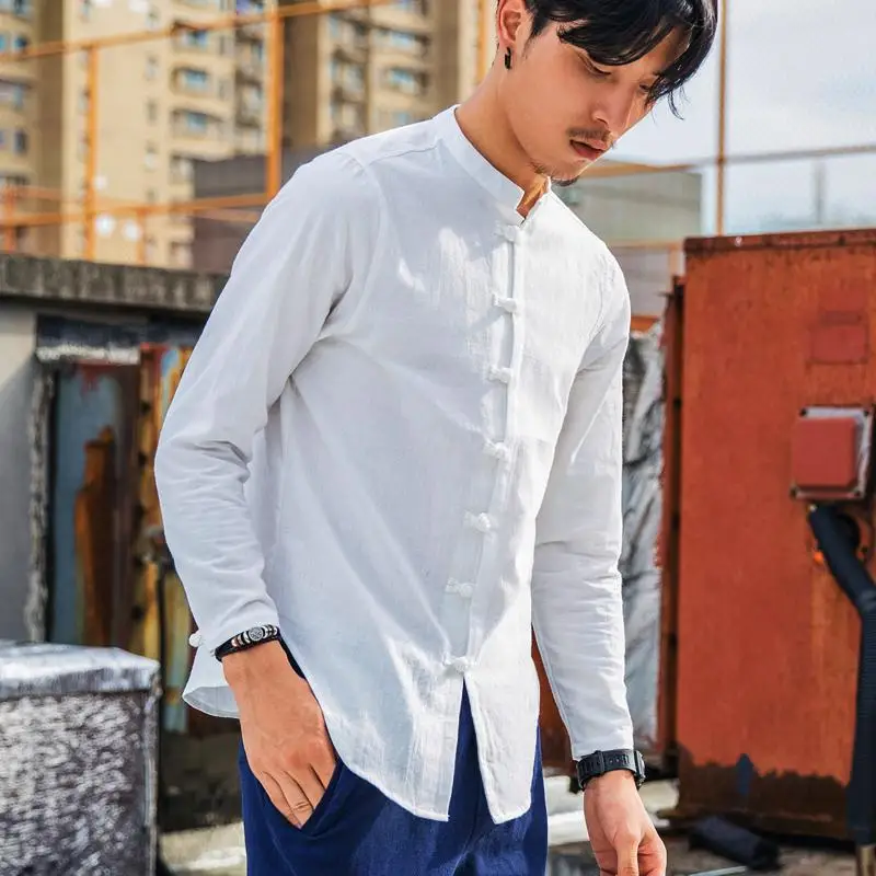 ZEESHANT Plus Size M-5XL Casual Social Shirt 9 Colors Men Long Sleeve Chinese Style Linen Shirts Traditional Kung Fu Tang Top