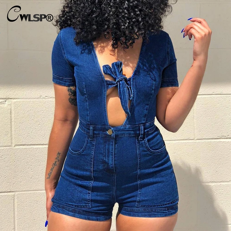 

CWLSP 2018 Summer Sexy Deep V-Neck Jeans Playsuit For Women Turn Town Collar With Lace Up Denim Playsuit Bodysuit Sexy QZ2850