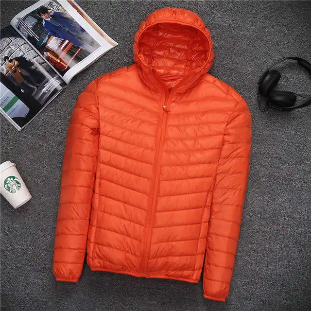 Осенне-зимняя мужская уличная легкая тонкая пуховая куртка с капюшоном, стоячий воротник, пальто на молнии, Мужская однотонная верхняя одежда большого размера 5XL - Цвет: Hooded orange