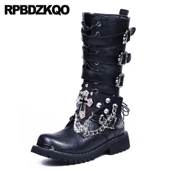 

combat motorcycle skull stud chunky mens leather tall boots luxury rivet shoes rock metalic punk high quality black military
