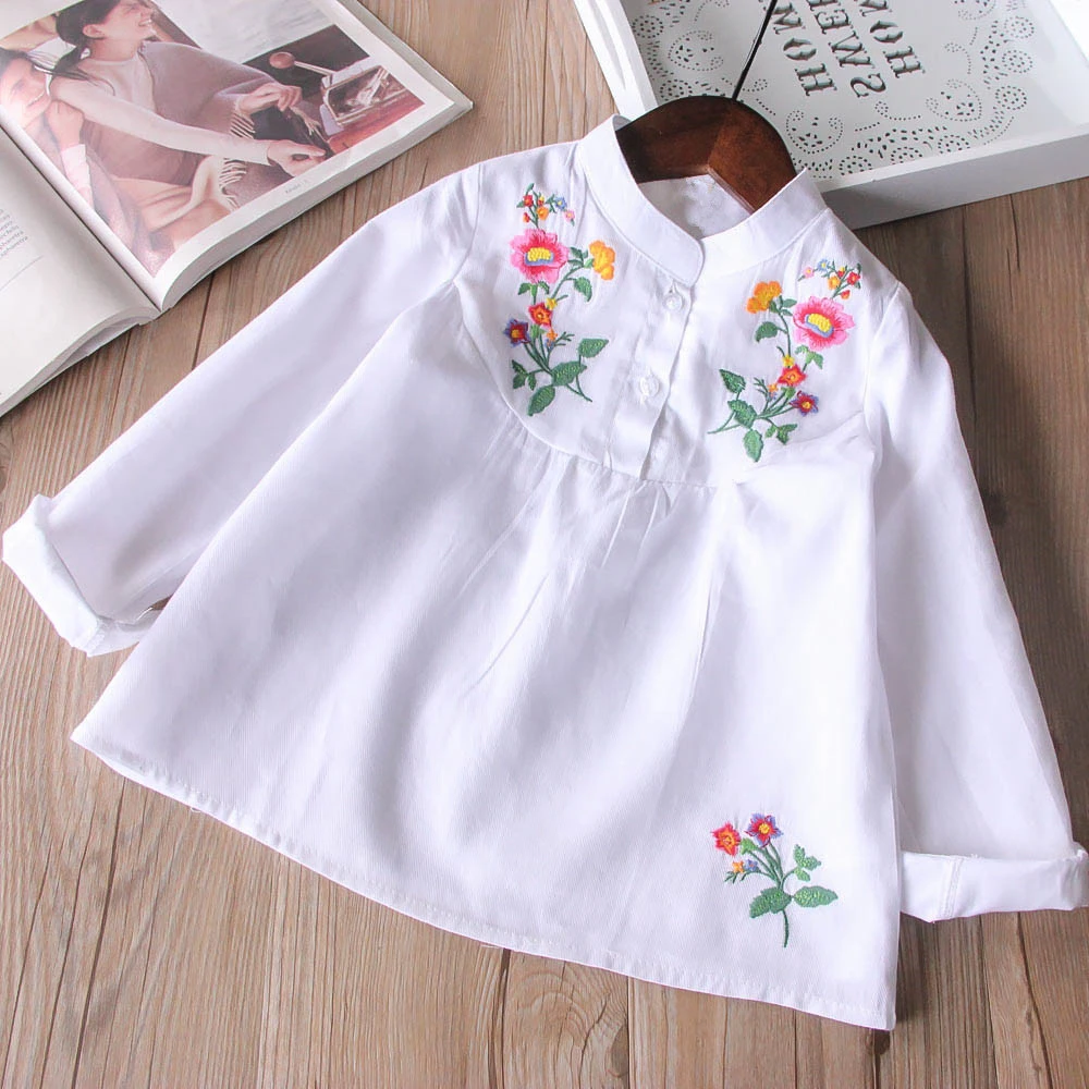 

Spring autumn girls blouse white baby shirt Embroidery Flower long sleeve Toddler kids Tops Sweatshirt children clothes
