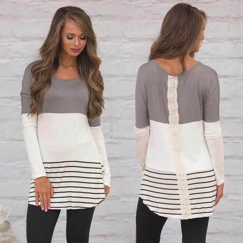 

Women Long Sleeve Casual Lace Floral Chiffon T-Shirt Ladies Summer Autumn Cotton Striped Loose Tops Blue Gray