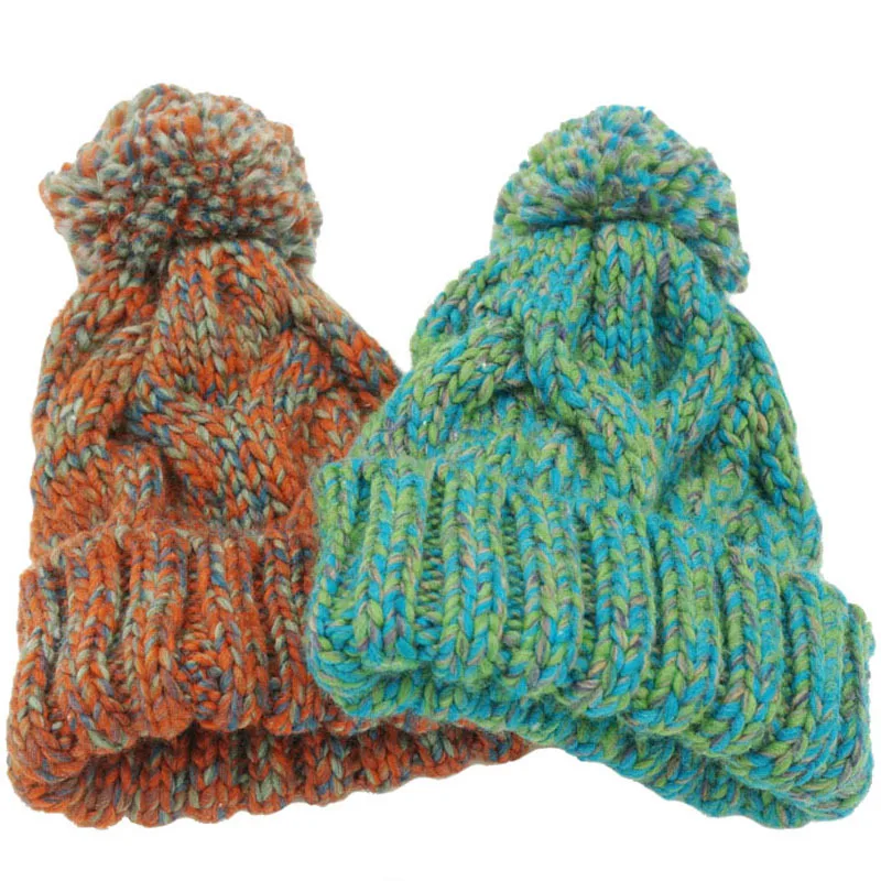 

Winter Hat for Women Knitted Acrylic Hats Mix Colors Skullies and Beanies Knit Big Pompom Caps Autumn Female Gorras