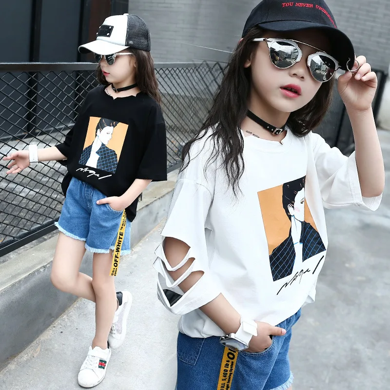 

2018 black white t-shirt cotton children girls clothing