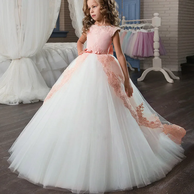 Новинка; вышитый ажурный цветок для маленьких девочек; платья для свадьбы и вечерние платья для первого причастия для девочек; элегантные платья для выпускного вечера - Цвет: Pink