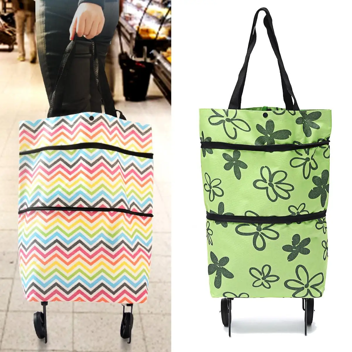 

Portable Oxford Folding Shopping Cart Laundry Grocery Trolley Dolly Handcart Travel Market Shopping Bag with 2 Wheels 3 Colors