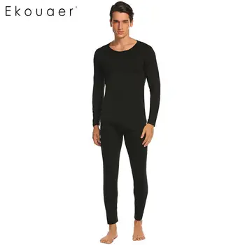 

Men Solid O-Neck Long Sleeve Tops with Elastic Waist Pants Thermal Underwear Sets Autumn Winter For Men Thick Thermal Clothing