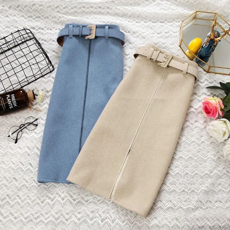 

2019 autumn ladies solid color woolen skirt England style empire split straight slim mini skirts female spring skirt with sashes