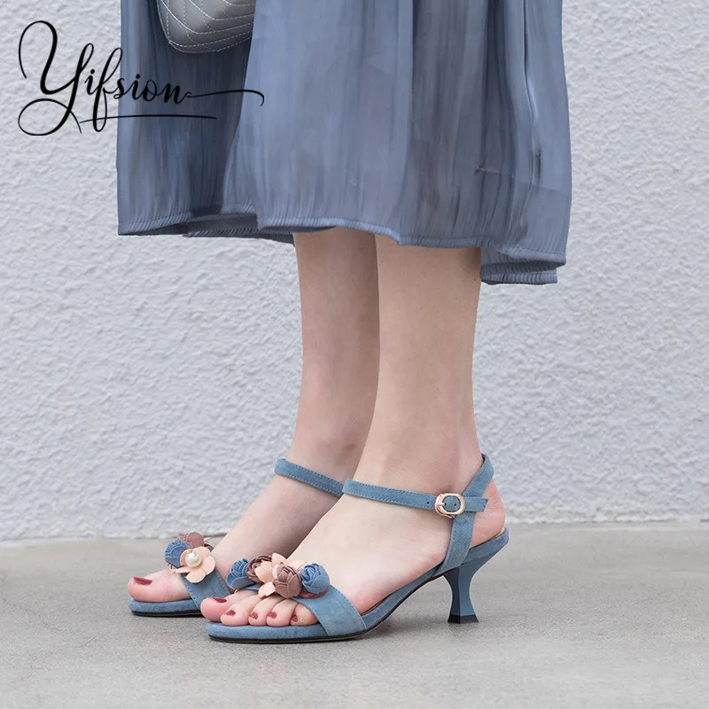 

YIFSION 2019 New Sweet Blue Women Summer Sandals Open Toe Buckle Strap Thin Mid Heel Women Wedding Party Sandals Shoes Woman