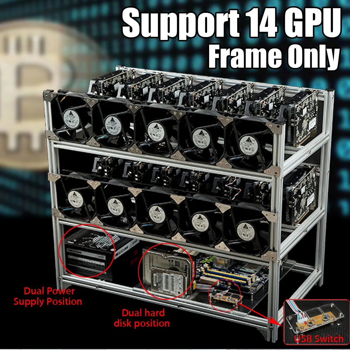 S SKYEE USB Switch 14GPU Open Air Mining Miner Frame Case For ETH Ethereum ZEC BTC Computer Server Chassis