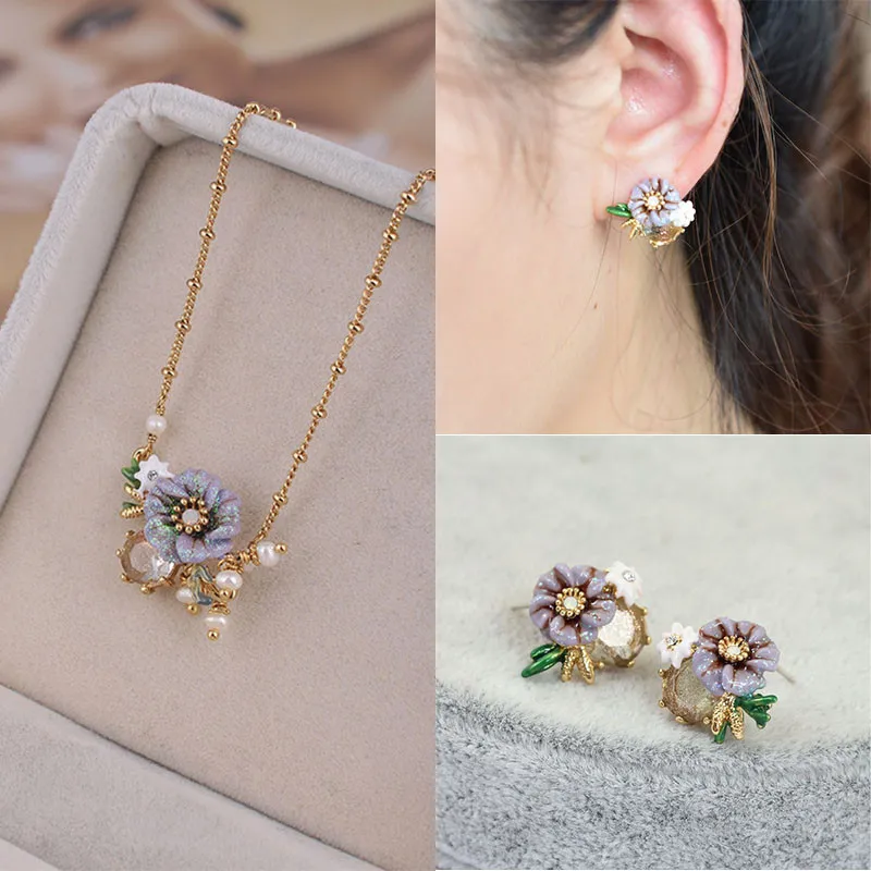 

Warmhome Trendy Jewelry Magical Plant Series Purple Flower Gem Enamel Glaze For Women Necklace Earrings
