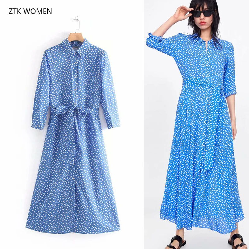 

ZTK WOMAN 2019 Women Fashion Floral Print Long Dress Ladies Lapel Blue Button Sashes Chic Korean Vestidos Brand Party Dress