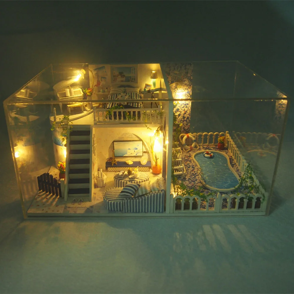 3D DIY сборка деревянный кукольный дом модель Санторини вилла бассейн пляжный Led
