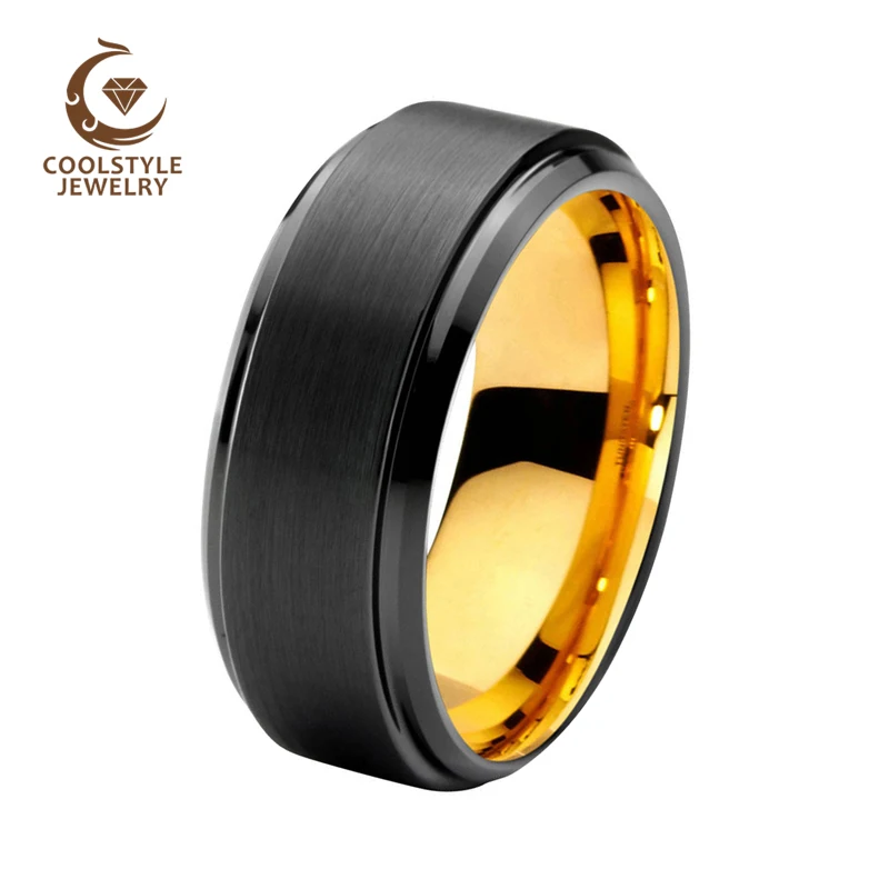 

8mm Mens Black Tungsten Wedding Band Ring Gold Color Plated With Matte Brushed Top Stepped Beveled Edges