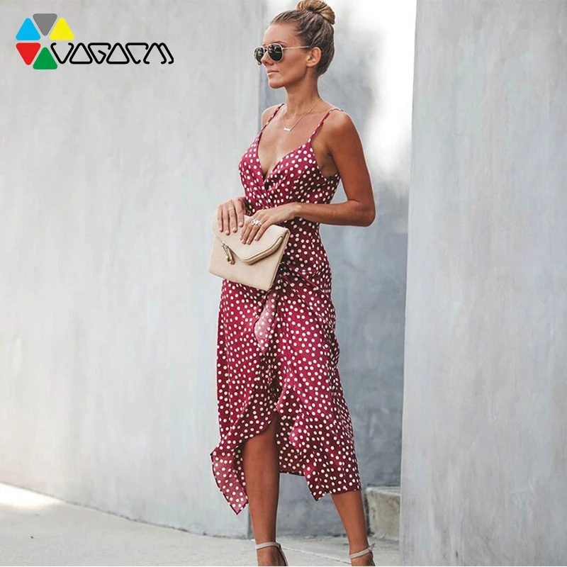 

Asymmetrical Ruffle Women Polka Dots Dress High Waist V Neck Sleeveless Plus Size Strap Split Long Beach Party Sundress