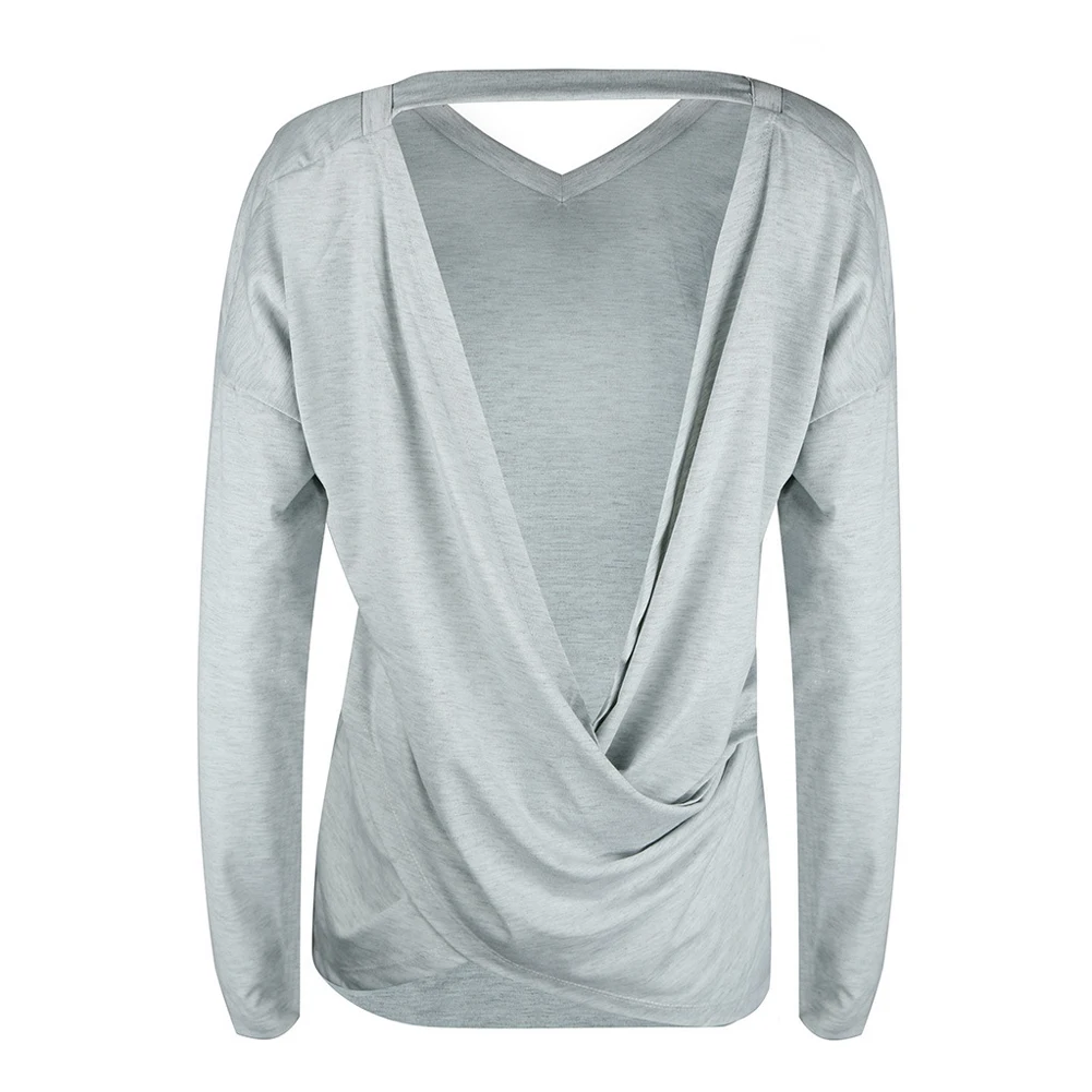 

2018 Spring Summer Sexy T Shirt Women Backless T-Shirt V Neck Long Sleeves tshirt Irregular Tee Shirt Tops female Tunics Grey