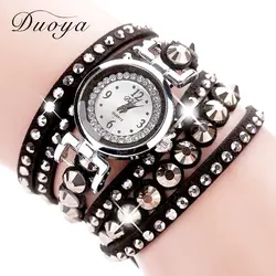 Duoya модный бренд часы Для женщин Серебристыми Стразами Кожаный браслет наручные часы Роскошные дамы Винтаж кварцевые часы спортивные часы