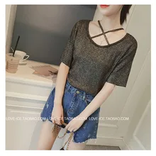 Летняя свободная Блестящая футболка с круглым вырезом для девочек футболки с короткими рукавами с перекрестным ремешком Женская подростковая одежда для девочек