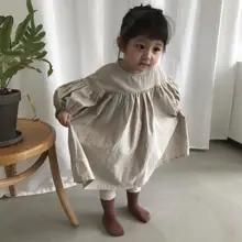Autumn Girls Cotton and Linen Lantern Sleeves A Line Princess Dresses Toddler Children Cotton Long Length Ruch Causal Dress