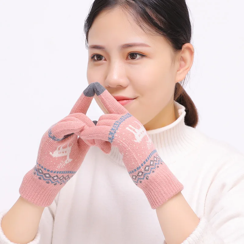 2018 Women's Cute Elk Deer Snowflake Knitted Gloves Full Finger Winter Gloves Touch Screen Mittens Female Gloves Christmas Gift