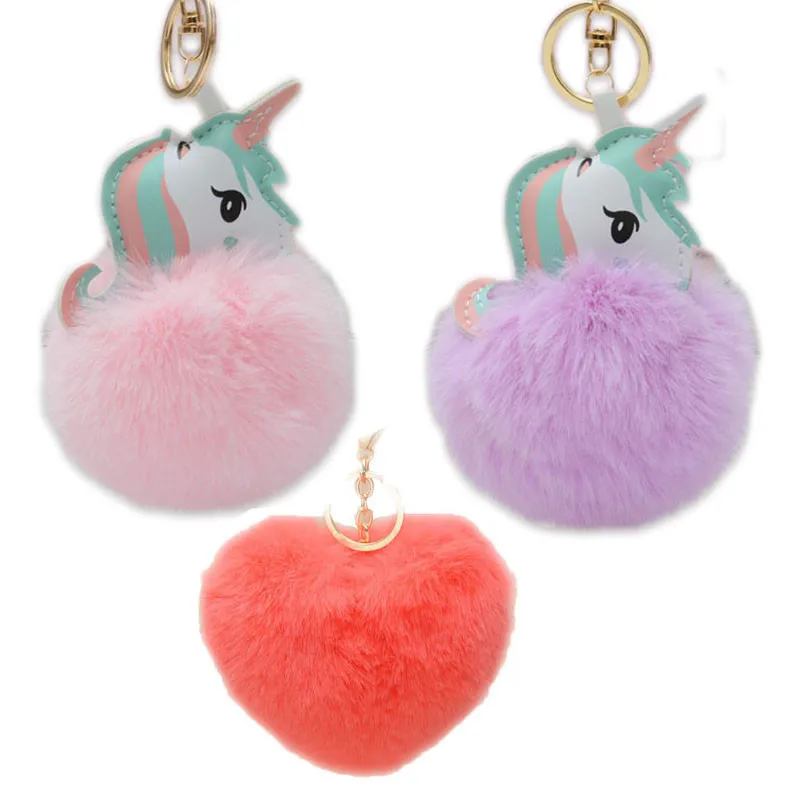 Unicorn Heart Shape Pompon Fluffy Plush Soft Keychain Pendant Toy Animal Charm Cute Plush Keychain Gift