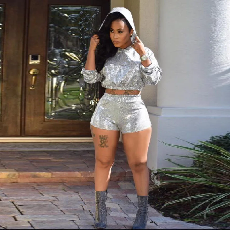 

Sexy Silver Sequin Two Piece Sets Women Glitter Crop Top Skinny Pants 2 Piece Sets Party Sparkly Matching Sets Hoodies Outfits