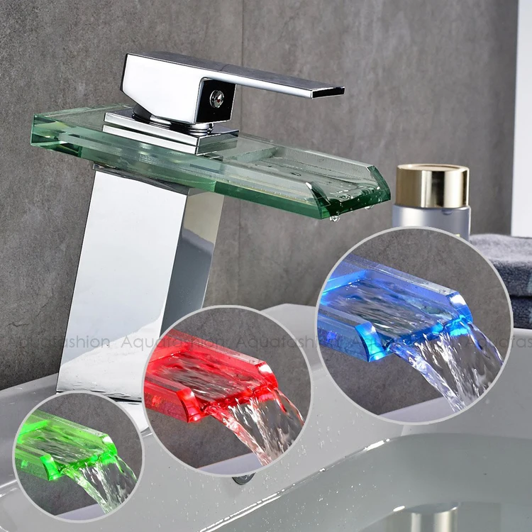 LED Glass Washbasin Faucet Single Handle Waterfall Tap LED Light Glass Basin Waterfall Taps Free Shipping (5)
