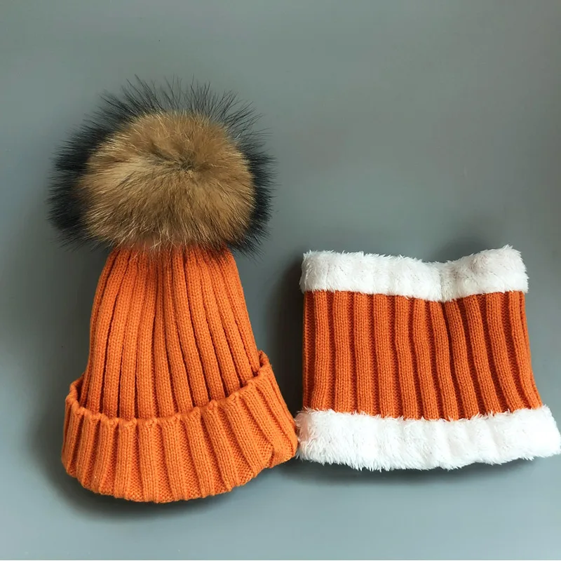 Kids Boys Girls hats Warm Fleece Liner Beanie Hats set With Scarf Fur Winter Hat For Children Baby Skullies Beanies - Цвет: orange