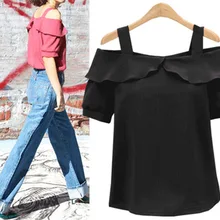 Элегантные сексуальные женские футболки милые оборки Спагетти ремень хлопок сплайсированные Laides Футболка Slash шеи сплайсированные летние топы