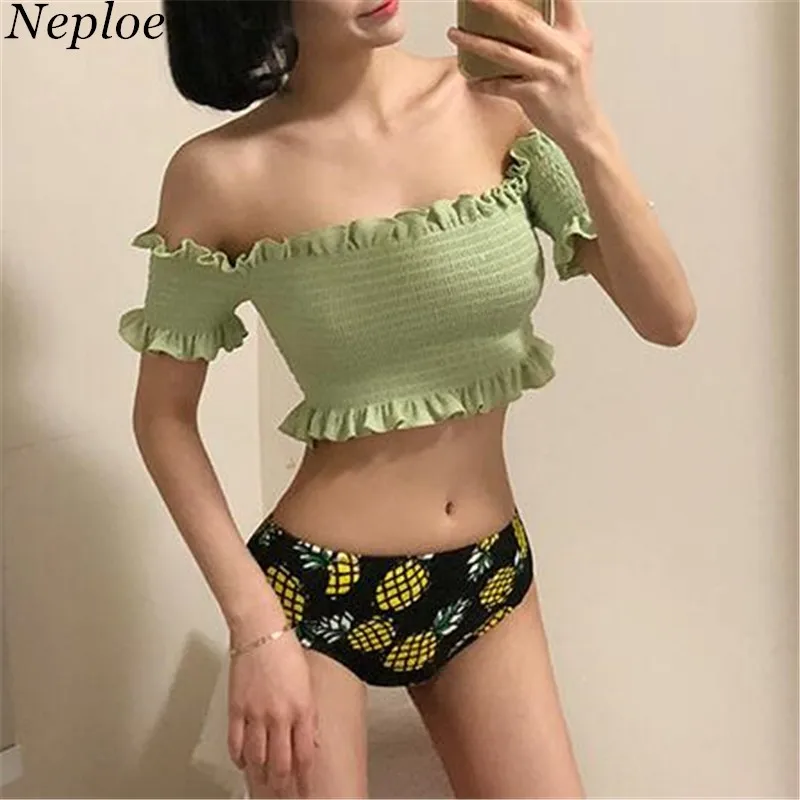 Neploe Новый Матча зеленый Для женщин комплект бикини плиссированные печати ананас